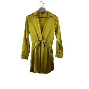 Pretty little thing chartreuse satin long sleeve twist front mini dress 8